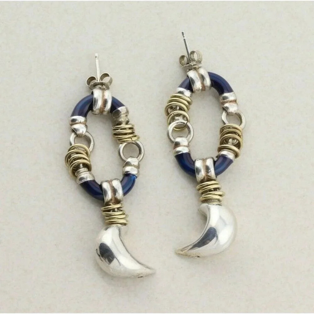 Sterling Silver Blue Crescent Moon Earrings Puffy Moon Dangle Drop Earrings